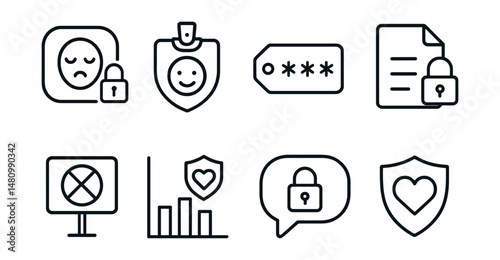 Line style icons of tech + emotion safety: private mood data icon, anonymous log badge, password for journal tag, locked section file, no share by default board, safe space setting chart, encrypted