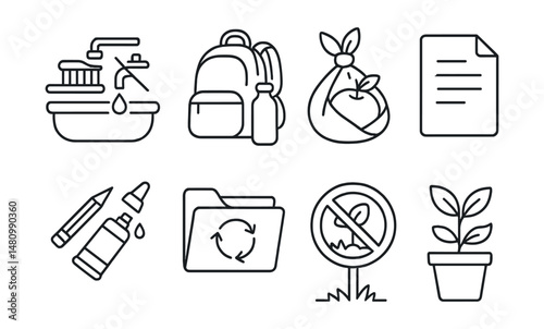 Line style icons of eco-friendly habits explained visually: brush teeth with tap off, “bring your bottle” to class, fruit in fabric wrap, one paper per side icon, repair school supplies, reuse folder