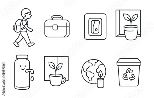 Line style icons of daily actions that help climate: walking to school icon, lunchbox instead of bag, “off when not used” switch, fix hole in jeans sketch, refill station smile, plant in cup by