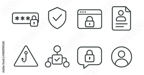 Line style icons of basic digital safety terms: strong password icon, two-factor badge, secure login tag, personal data file, phishing alert board, app permission chart, lock screen bubble, online