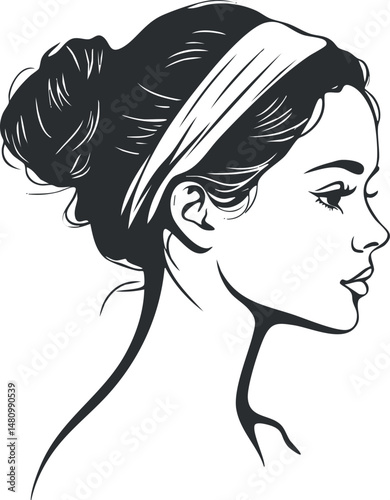 Black and white line art profile of a young woman with hair in a bun and a headband