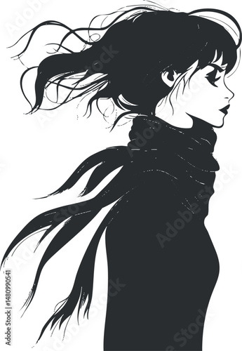 Monochrome profile illustration of a woman wearing a flowing scarf and hair blowing in the wind