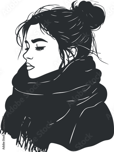 Black and white minimalist illustration of a young woman in profile with a hair bun and scarf