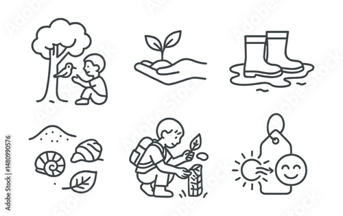 Line style icons of children and nature relationship: child and bird under tree, tiny sprout in hand, water and boots on trail, sand and seashell symbol, rock and leaf collector, child building bee