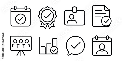 Line style icons of time-off approval process: approval icon, checkmark badge, supervisor tag, request form file, HR review board, approval queue chart, decision made bubble, manager approval symbol.