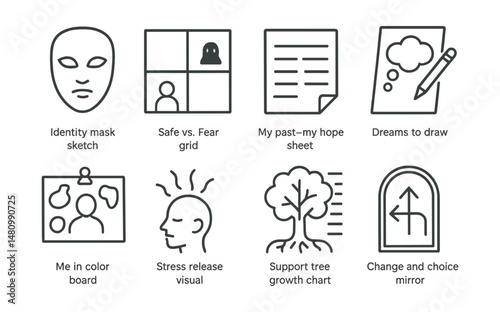 Line style icons of weekly therapeutic themes: identity mask sketch, “safe vs fear” grid, my past–my hope sheet, dreams to draw page, “me in color” board, stress release visual, support tree growth