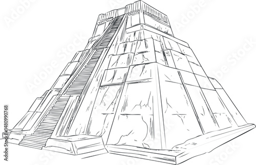 Black and white line art illustration of an ancient stepped pyramid with stairs, representing a historic Mesoamerican temple.
