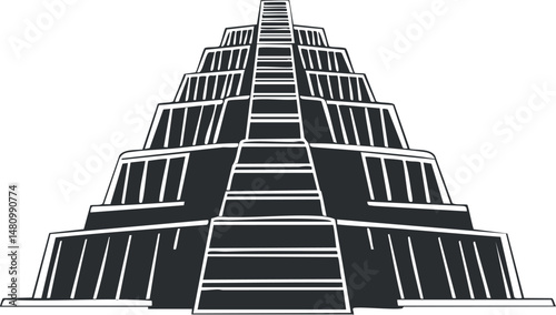 Illustration of an ancient step pyramid temple with stairs leading upward in black and white