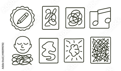 Line style icons of creative freedom in therapy: “draw your way” badge, art without rules card, draw with music icon, eyes closed scribble game, random shape story, colors without labels palette,