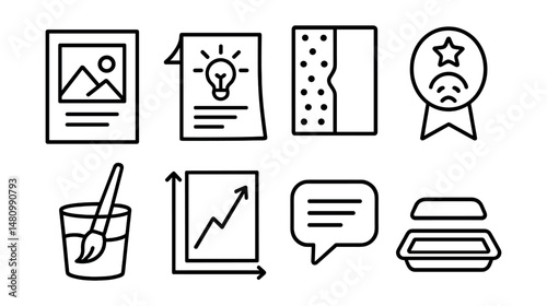 Line style icons of closure and transition in sessions: art reflection card, “what I learned” sketch, leave-one-color board, emotion exit badge, goodbye brush rinse symbol, mood change tracker,