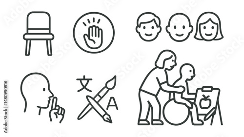 Line style icons of inclusivity in art therapy: chair for all icon, color-blind palette board, “no judgment here” badge, gender-neutral face symbols, quiet option sketch, multilingual tool labels,