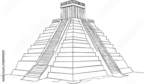 Black and white sketch of an ancient stepped pyramid temple with stairs on each side representing historical architecture and cultural heritage.