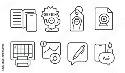 Line style icons of app-integrated analog support: journal next to screen icon, sketch break badge, stretch after session tag, offscreen goal file, print tracker board, art + rest chart, screen + pen