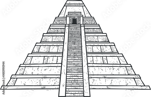 Black and white illustration of an ancient stepped pyramid with a central staircase and entrance.