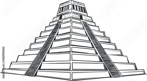 Black and white illustration of an ancient Mayan pyramid with staircases and architectural details