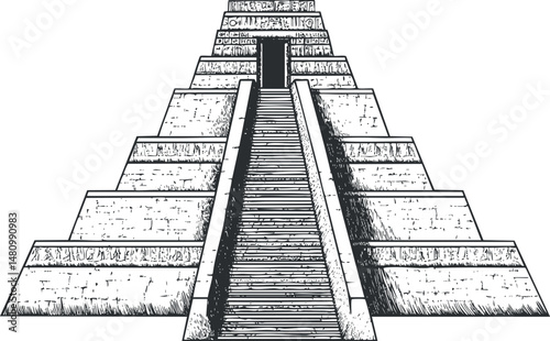 Black and white illustration of an ancient step pyramid with stairs leading to a doorway, representing historical architecture and Mesoamerican culture.