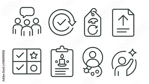 Line style icons of startup habits and culture: daily huddle icon, feedback loop badge, build and reflect tag, shipping log file, async win board, team ritual chart, culture builder bubble, celebrate
