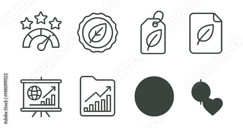 Line style icons of sustainable and ethical investing: ESG rating icon, green bond badge, ethical screen tag, socially responsible file, impact investing board, climate portfolio chart, clean energy