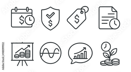 Line style icons of investment timeline: short-term icon, mid-term badge, long-term tag, holding period file, compounding years board, market cycle chart, investment horizon bubble, time to grow