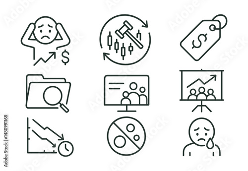 Line style icons of investing mistakes to avoid: FOMO buying icon, overtrading badge, ignore fees tag, no research file, follow the crowd board, bad timing chart, zero diversification bubble,