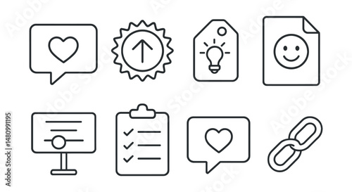 Line style icons of kind communication habits: gratitude comment icon, uplifting share badge, digital encouragement tag, thoughtful emoji file, “you made my day” board, name the good chart, support