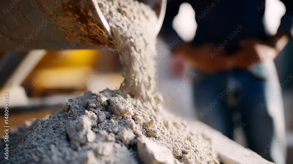 A close-up shot of fine sand and aggregates pouring from a construction mixer, emphasizing texture and motion in a dynamic construction environment.