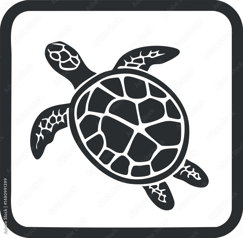 Obraz premium Black and white stylized turtle icon with geometric shell pattern in square frame
