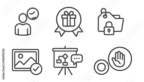 Line style icons of safe sharing principles: personal limit icon, share what’s yours badge, ask before tagging tag, protect privacy file, safe photo board, “check with them” chart, no pressure to