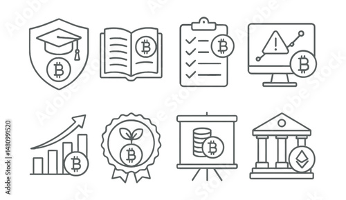 Line style icons of crypto investments: investment academy badge, beginner’s crypto portfolio guide, investment best practices checklist, risk management tutorial, advanced portfolio strategies,