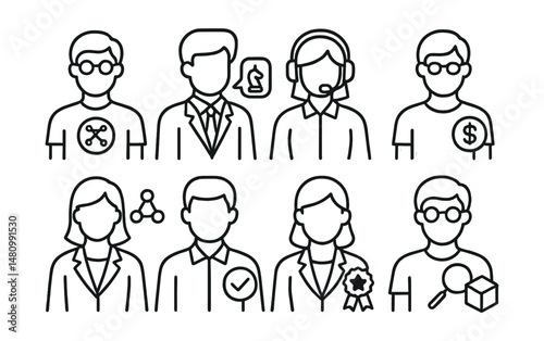 Line style icons of blockchain careers: DAO founder icon, DAO strategist role, DAO operations manager, DAO treasury accountant, decentralized governance facilitator, DAO project coordinator, DAO