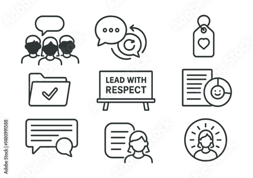 Line style icons of teen-led tone awareness: peer tone team icon, comment remix badge, class culture tag, tone challenge file, “lead with respect” board, tone-awareness club chart, example post