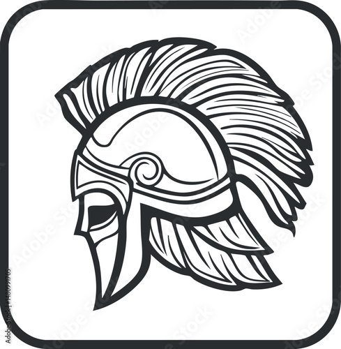 Black and white line art illustration of an ancient warrior helmet with plume and face guard