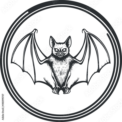 Black and white vector illustration of a bat with wings spread inside a circular frame symbolizing nocturnal wildlife