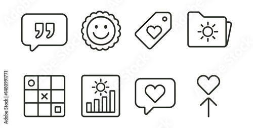 Line style icons of mood improvement features: uplifting quote icon, daily smile badge, playlist for joy tag, mood boost file, color game board, virtual sunshine chart, gratitude nudge bubble, feel