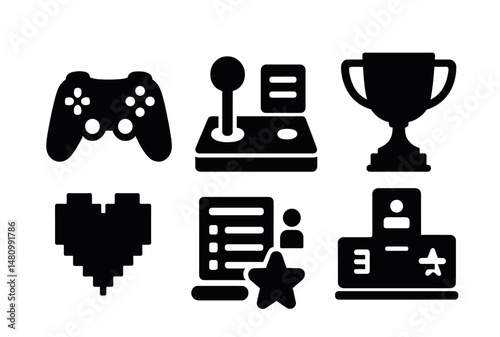 Solid style icons of gaming culture: game controller, arcade joystick, VR headset, trophy, leaderboard, pixel heart, loading bar, power-up star.
