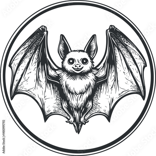 Black and white vector illustration of a bat with spread wings inside a circle frame, detailed line art.