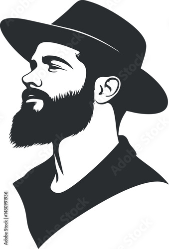 Black and white silhouette illustration of a bearded man wearing a wide-brimmed hat in profile view