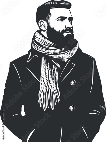 Black and white illustration of a confident bearded man wearing a scarf and coat in winter fashion style
