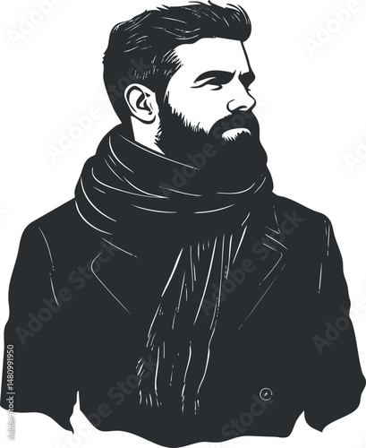 Black and white graphic illustration of a bearded man wearing a scarf and coat looking to the side