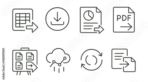 Line style icons of data export tools: CSV export icon, data download badge, report generation tag, export as PDF file, batch export board, save to cloud chart, data sync bubble, file sharing symbol.