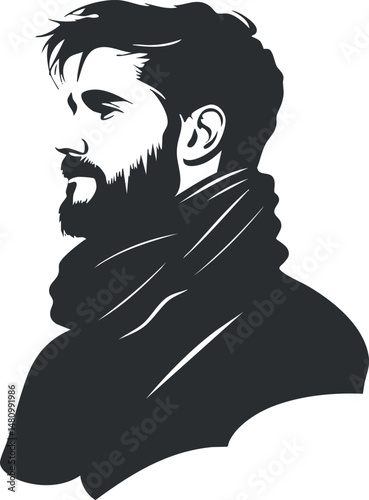 Silhouette profile of a bearded man wearing a scarf looking to the side in black and white style