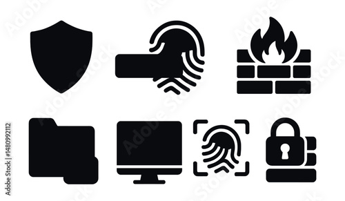 Solid style icons of digital security: shield lock, password input, fingerprint, firewall, secure folder, antivirus, biometric scan, data encryption.
