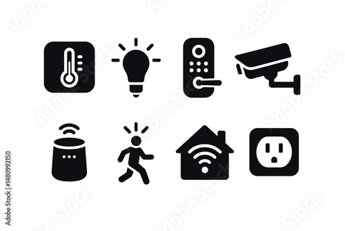 Solid style icons of smart home: thermostat, smart light, door lock, surveillance camera, voice assistant, motion sensor, home hub, smart outlet.