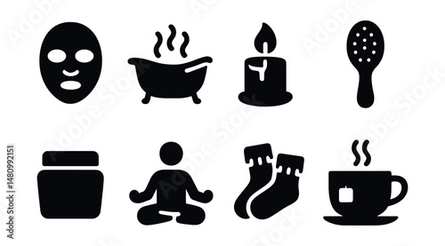 Solid style icons of wellness and self-care: face mask, bath, aroma candle, hairbrush, skincare jar, meditation seat, cozy socks, herbal tea.