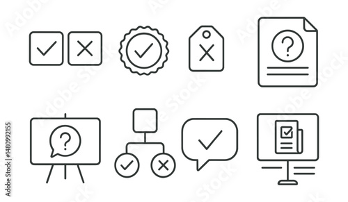Line style icons of voting on issues: yes/no vote icon, agree/disagree badge, true/false tag, issue-centered vote file, policy opinion board, decision-making chart, public vote bubble, voting topic