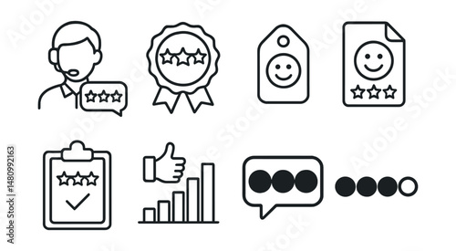 Line style icons of satisfaction survey questions: customer service icon, product rating badge, service feedback tag, experience rating file, delivery satisfaction board, response score chart, “how