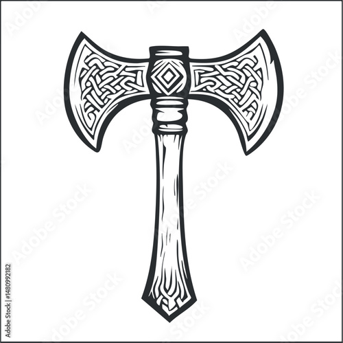 Illustration of a double-headed battle axe with intricate Celtic knot patterns on the blades
