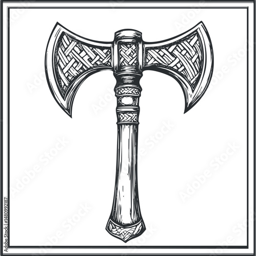 Black and white illustration of a double-headed medieval battle axe with ornate carved details