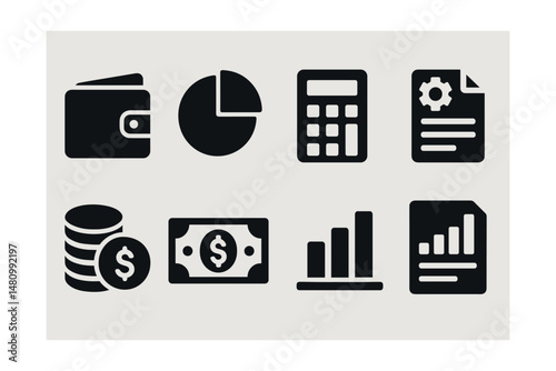 Solid style icons of business finance: wallet, pie chart, calculator, invoice, coins, dollar bill, bar graph, financial report.