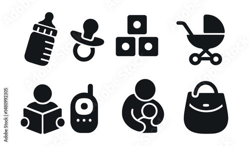 Solid style icons of parenting and kids: baby bottle, pacifier, toy blocks, stroller, bedtime story, baby monitor, parent hug, diaper bag.